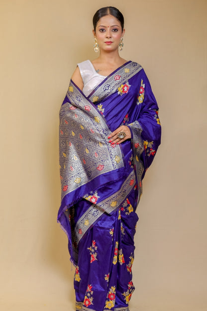 Regal Violet Banarasi Semi Mashru Silk Saree with Meenakari Floral Work