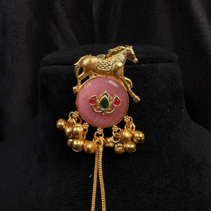 Gold Tone Horse Motif Earrings with Pink Stone, Dangling Chain Drops