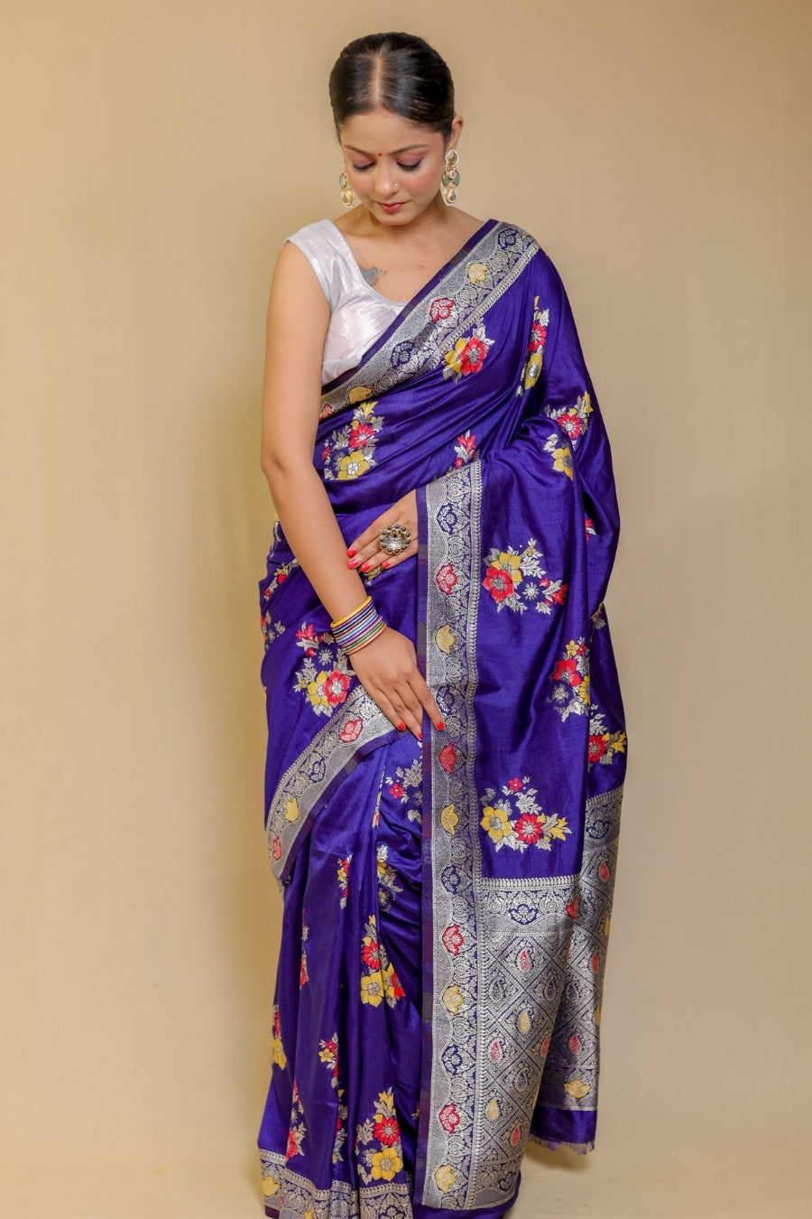 Regal Violet Banarasi Semi Mashru Silk Saree with Meenakari Floral Work
