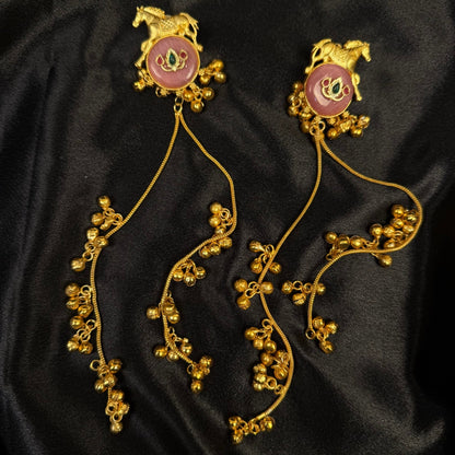 Gold Tone Horse Motif Earrings with Pink Stone, Dangling Chain Drops