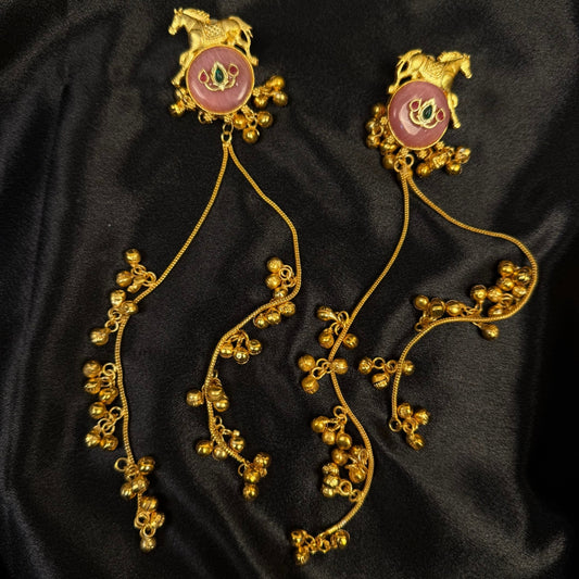 Gold Tone Horse Motif Earrings with Pink Stone, Dangling Chain Drops
