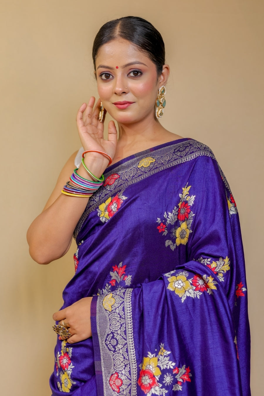 Regal Violet Banarasi Semi Mashru Silk Saree with Meenakari Floral Work