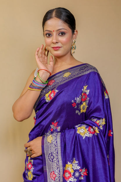Regal Violet Banarasi Semi Mashru Silk Saree with Meenakari Floral Work