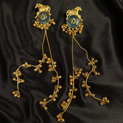 Antique Gold Horse Motif Long Dangle Earrings with Teal Stone & Ghungroo Chains