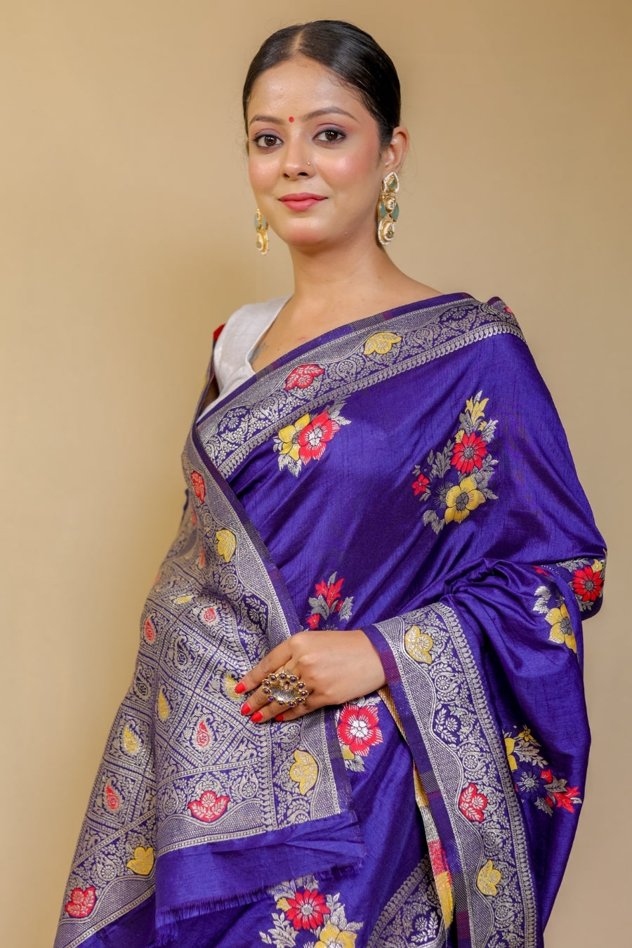 Regal Violet Banarasi Semi Mashru Silk Saree with Meenakari Floral Work