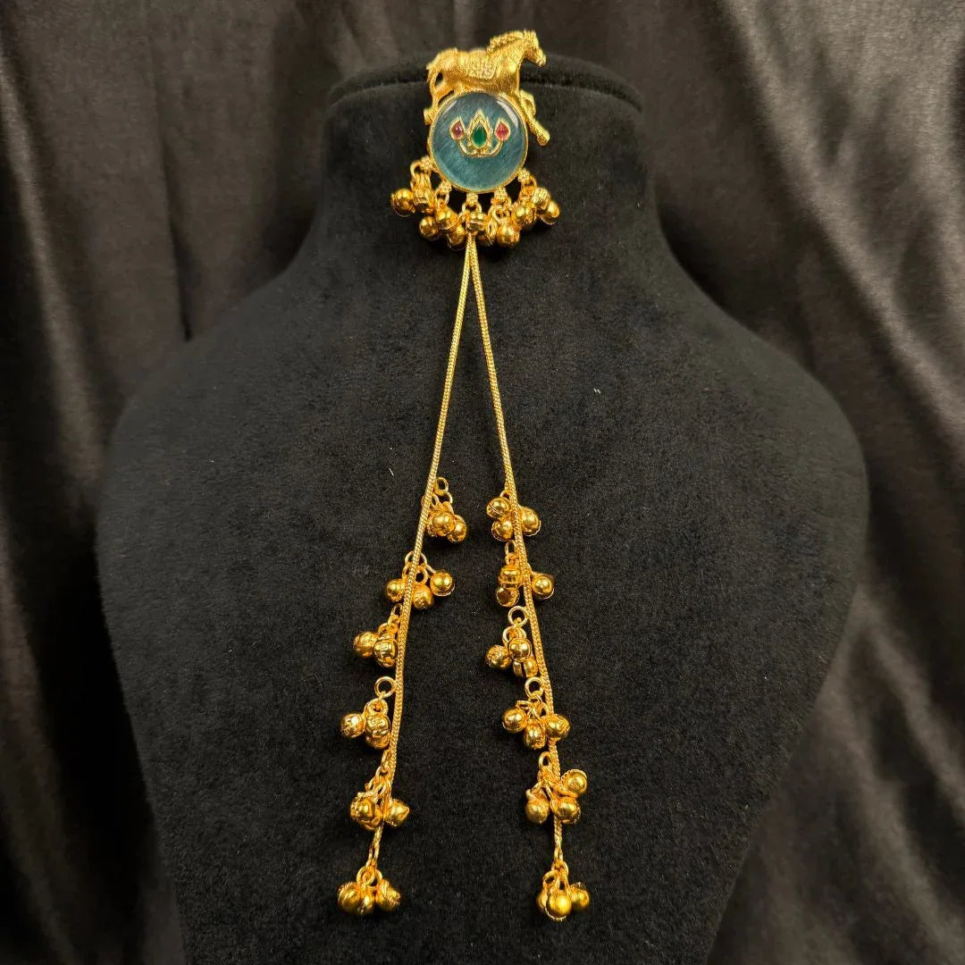 Antique Gold Horse Motif Long Dangle Earrings with Teal Stone & Ghungroo Chains
