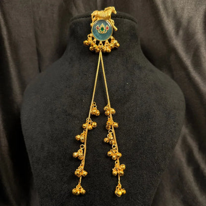 Antique Gold Horse Motif Long Dangle Earrings with Teal Stone & Ghungroo Chains