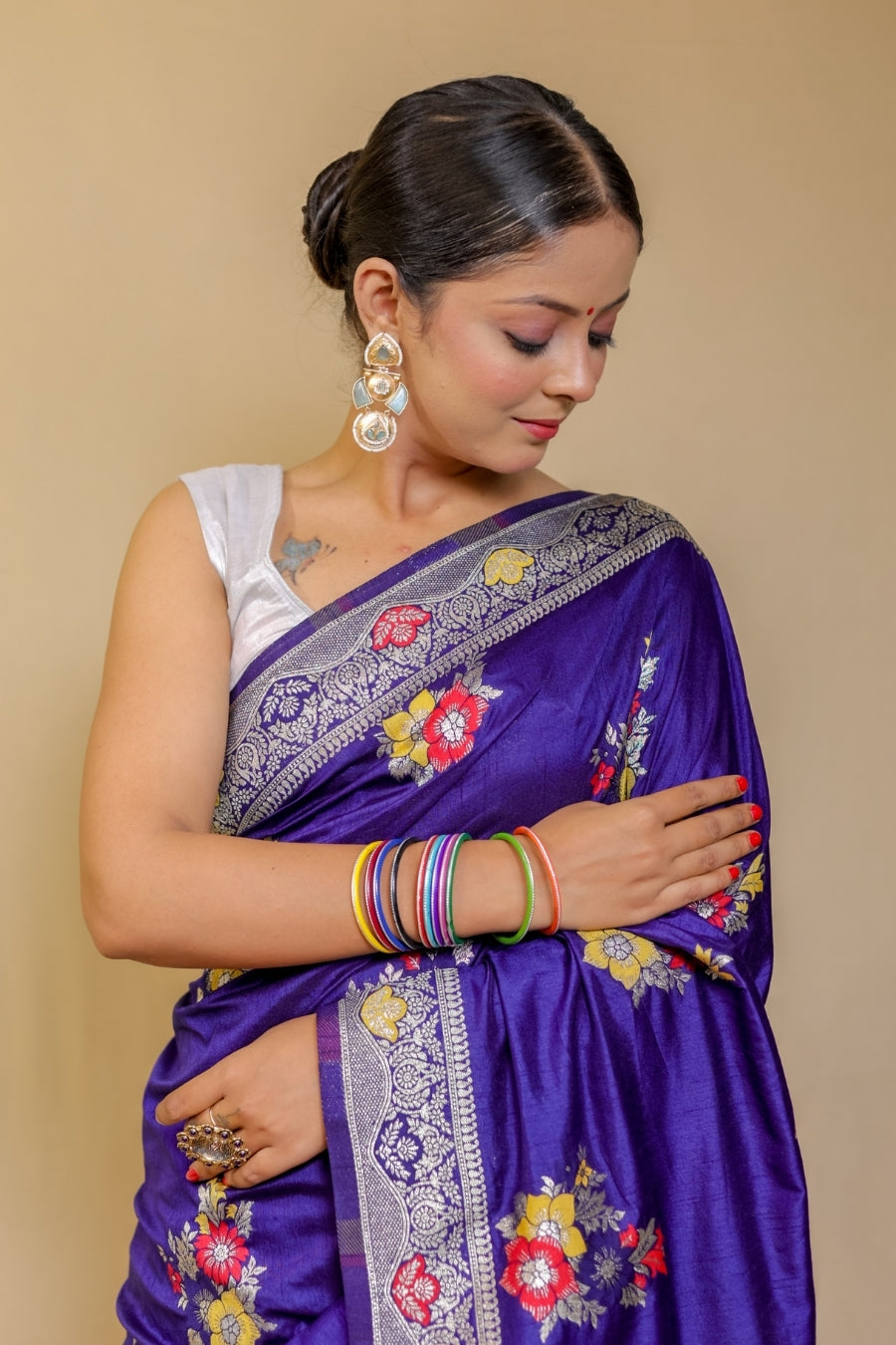 Regal Violet Banarasi Semi Mashru Silk Saree with Meenakari Floral Work