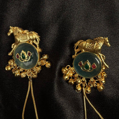 Antique Gold Horse Motif Long Dangle Earrings with Teal Stone & Ghungroo Chains