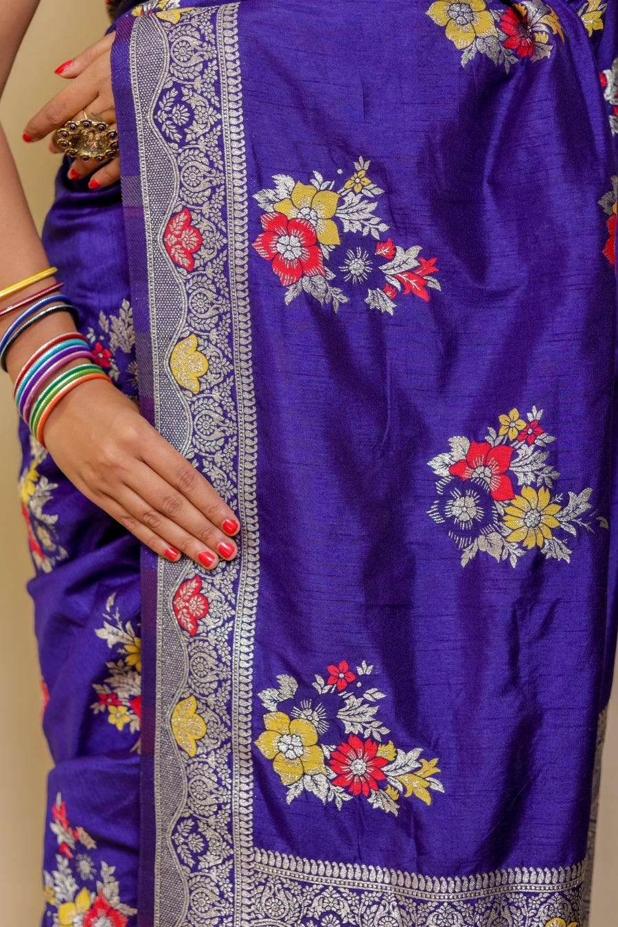 Regal Violet Banarasi Semi Mashru Silk Saree with Meenakari Floral Work