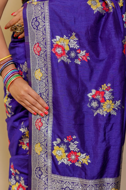 Regal Violet Banarasi Semi Mashru Silk Saree with Meenakari Floral Work