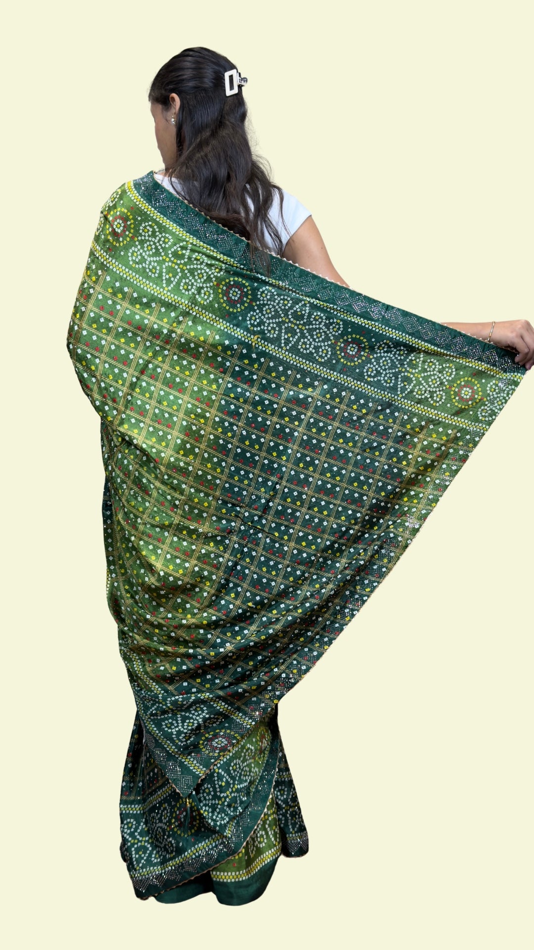 Dark Green Bandhani Print Embellished Soft Silk Saree