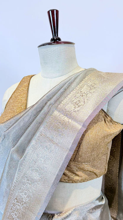 Grey Tissue Saree with Rich Gold Zari Border