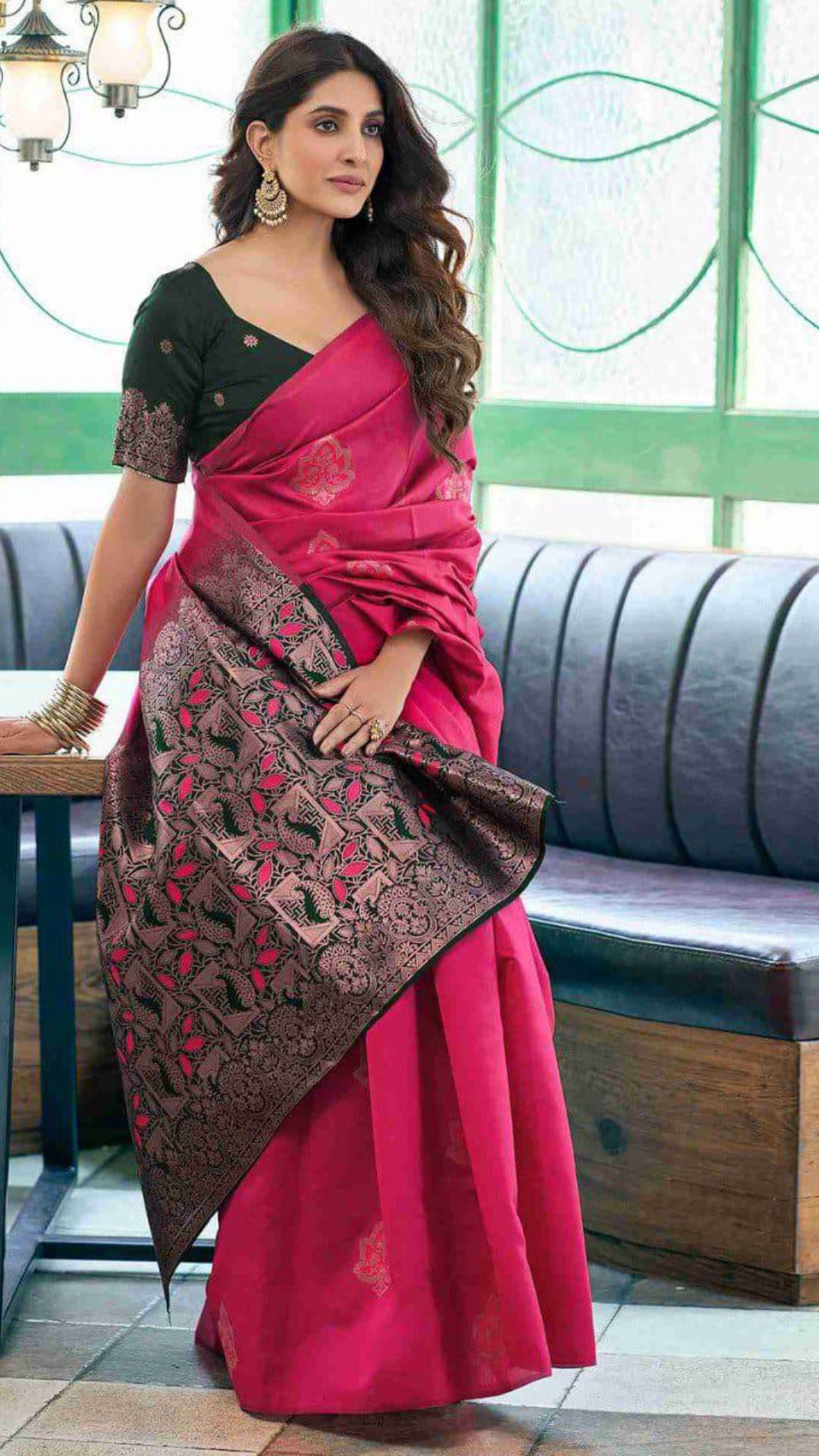 Rani Pink Soft Lichi Silk Saree with Rich Jacquard Pallu & Contrast Blouse