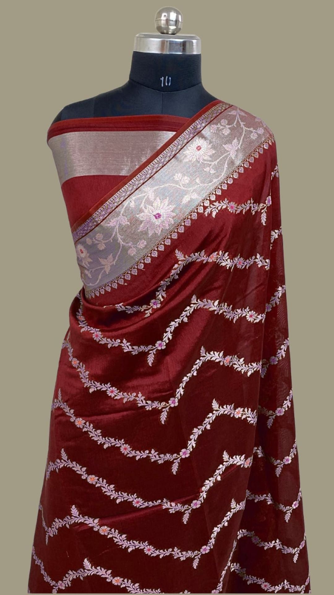 Royal Maroon Red Banarasi Semi Chiffon Saree with Zari Laheriya Weaving & Meenakari Work