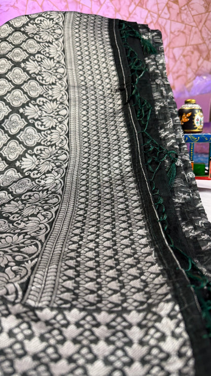 Banarashe Pure Cotton Banarasi Saree in Deep Green with Village Scene Weave