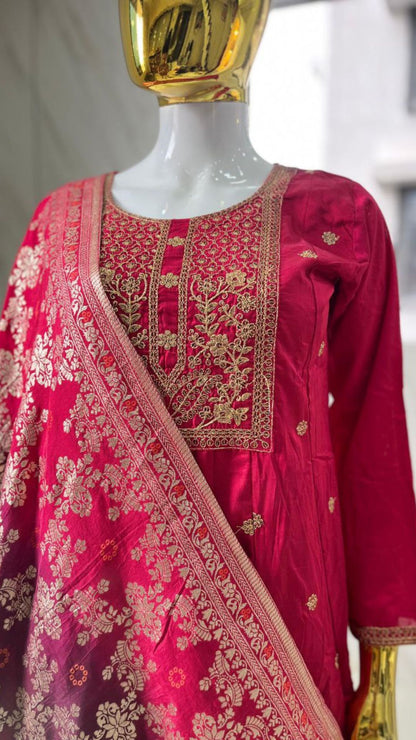 Royal Akshara Anarkali Set – Banana Silk with Banarasi Dupatta