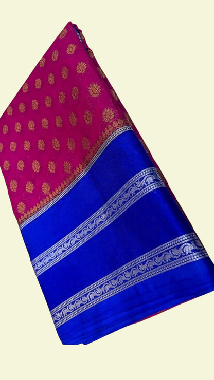Pink Raw Mango Silk Saree with Zari Booti Work & Royal Blue Designer Border