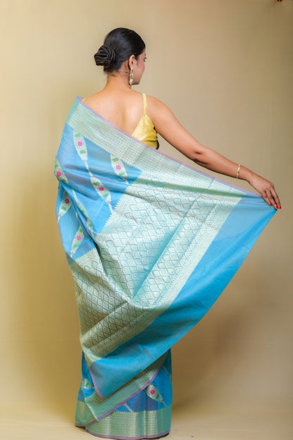 Majestic Aqua Blue Banarashe Pure Mercerised Cotton Silk Saree with Zari Motifs