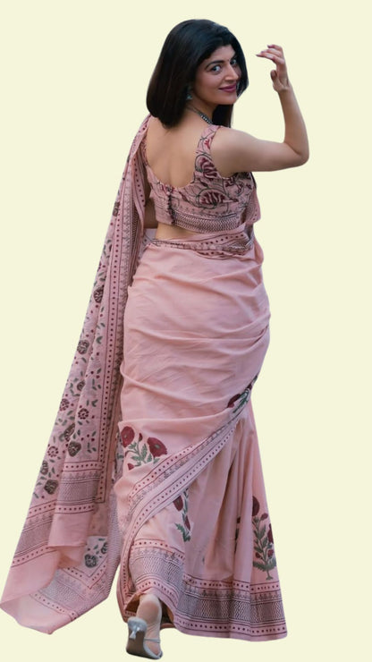 Soft Pink Floral Print Linen Cotton Saree