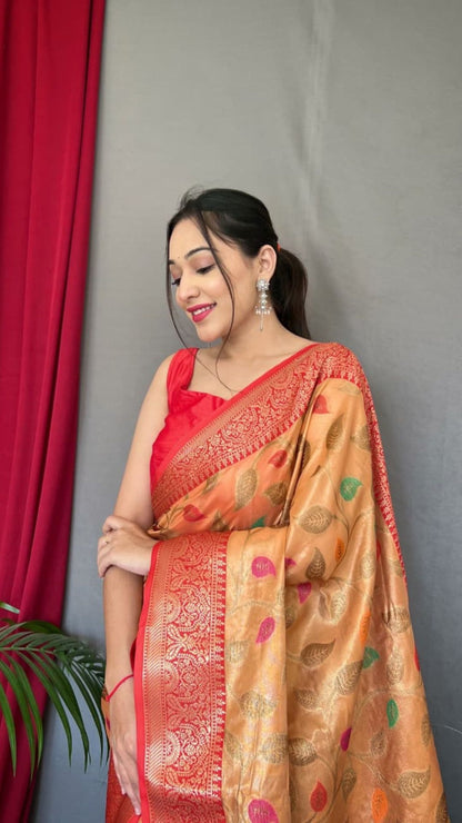 Golden Organza Tissue Silk Saree with Contrast Red Zari Border & Rich Brocade Pallu