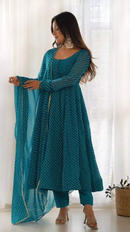 Rama Blue Fox Georgette Laheriya Anarkali Set with Dupatta