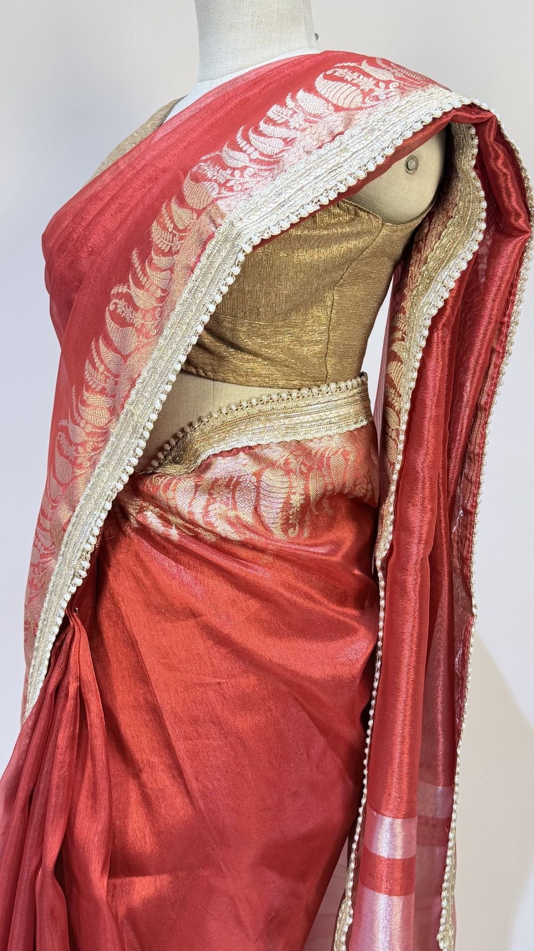 Red Tissue Saree with Rich Zari Border & Moti Lace