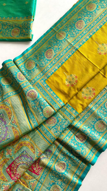 Radiant Mustard & Sea Green Premium Banarasi Silk Saree