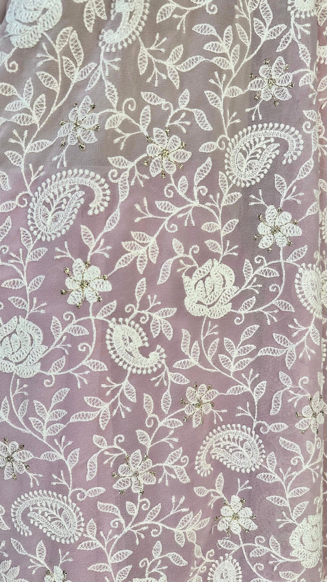 Elegant baby pink chikankari Saree with White Floral Embroidery,