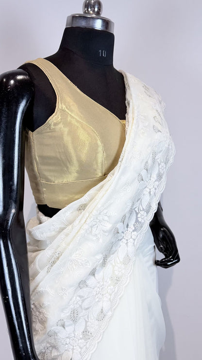 White Semi Chikankari Embroidered Saree with Floral Border Work