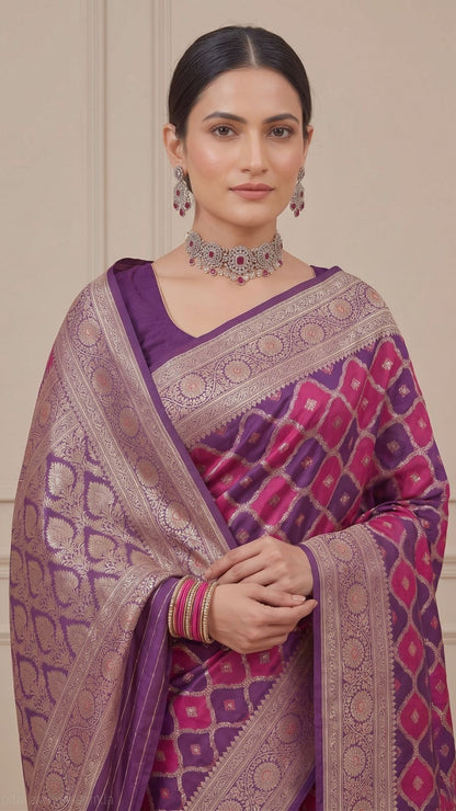 Banarashe Purple & Pink Mashru Silk Saree with Intricate Floral Woven Border & Traditional Motifs