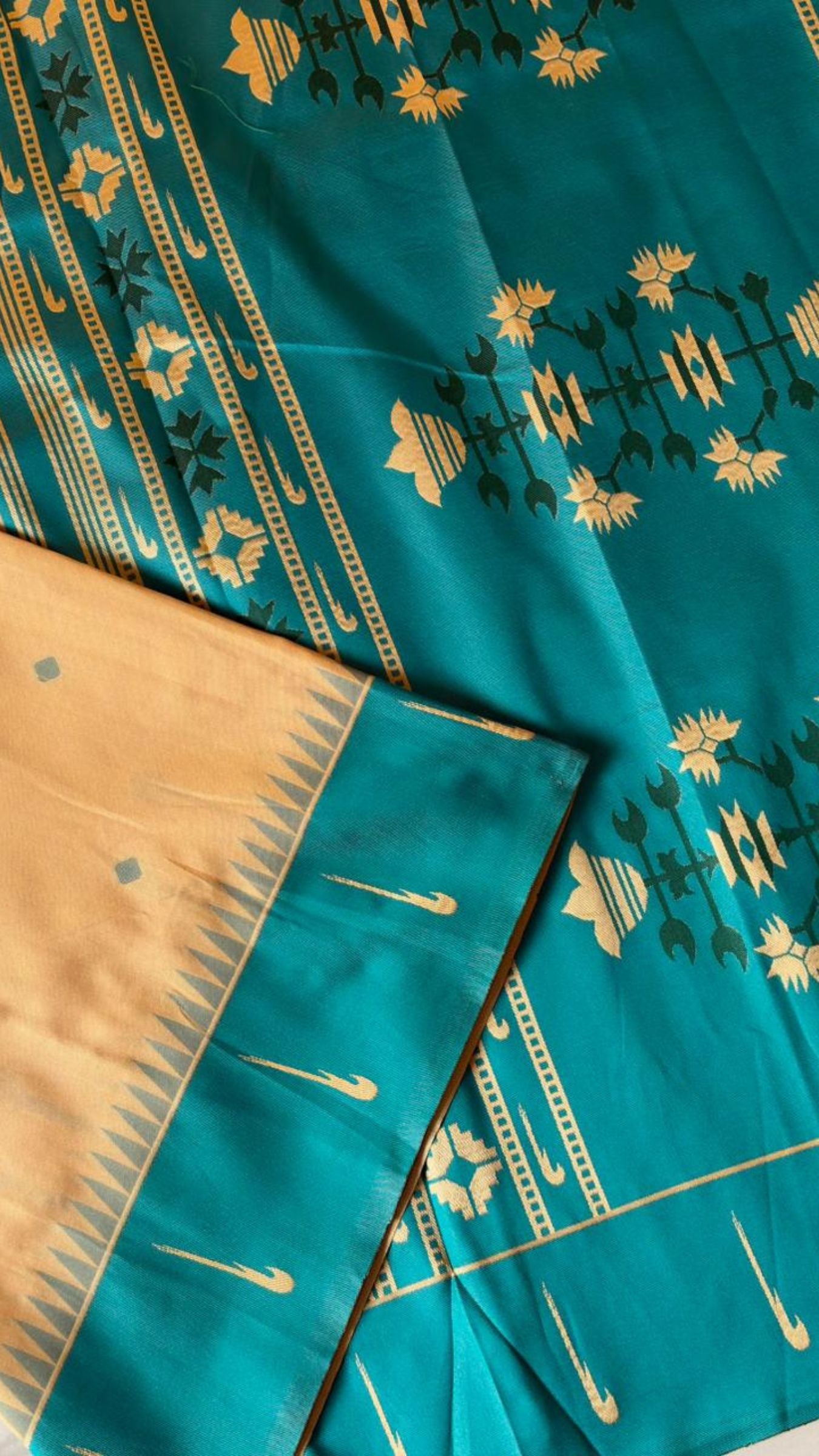 Mustard Yellow & Teal Green Handloom Soft Silk Saree