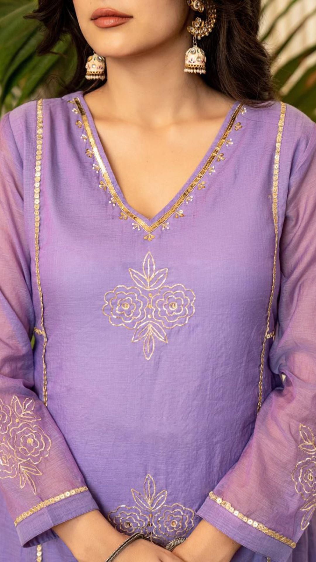 Lavender Premium Mul Chanderi Embroidered Anarkali Kurta Pant Set with Banarasi Dupatta