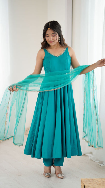Rama Green Chanderi Silk Anarkali Suit with Dupatta for Women