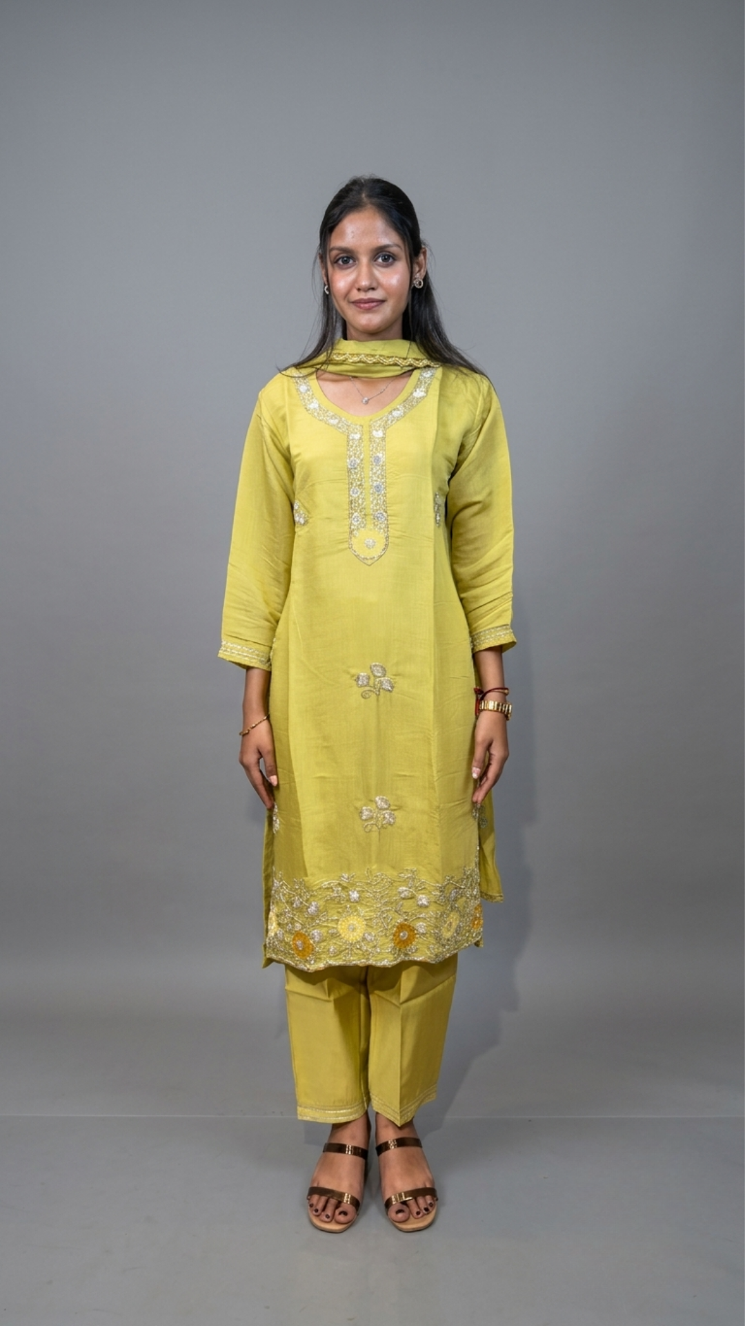 BanaraShe Lime Yellow Embroidered Chanderi Cotton Straight Suit Set With Dupatta