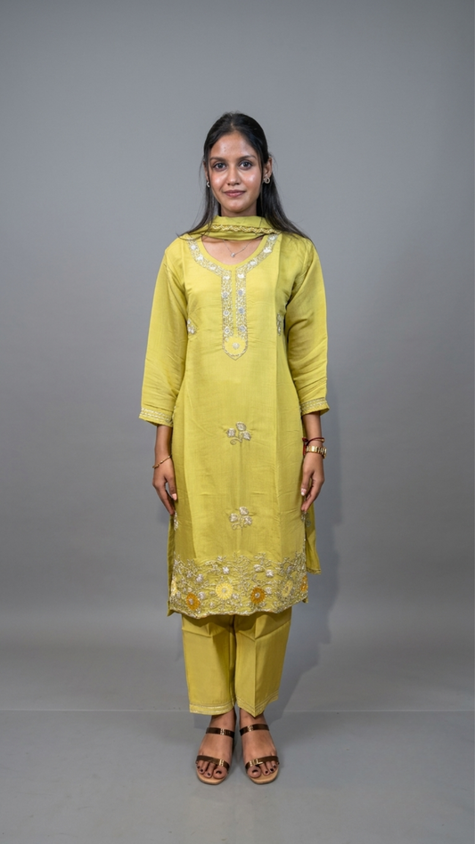 BanaraShe Lime Yellow Embroidered Chanderi Cotton Straight Suit Set With Dupatta