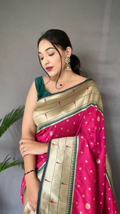 Rani Pink Polka Paithani Silk Saree with Rich Bird Motif Pallu & Tassels