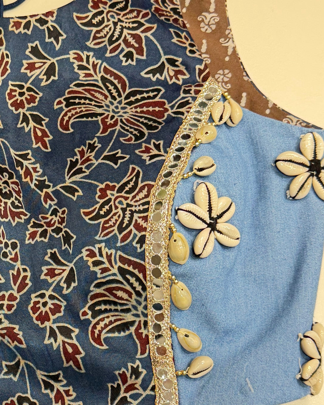 Blue Kalamkari Printed Halter Blouse with Cowrie Shells