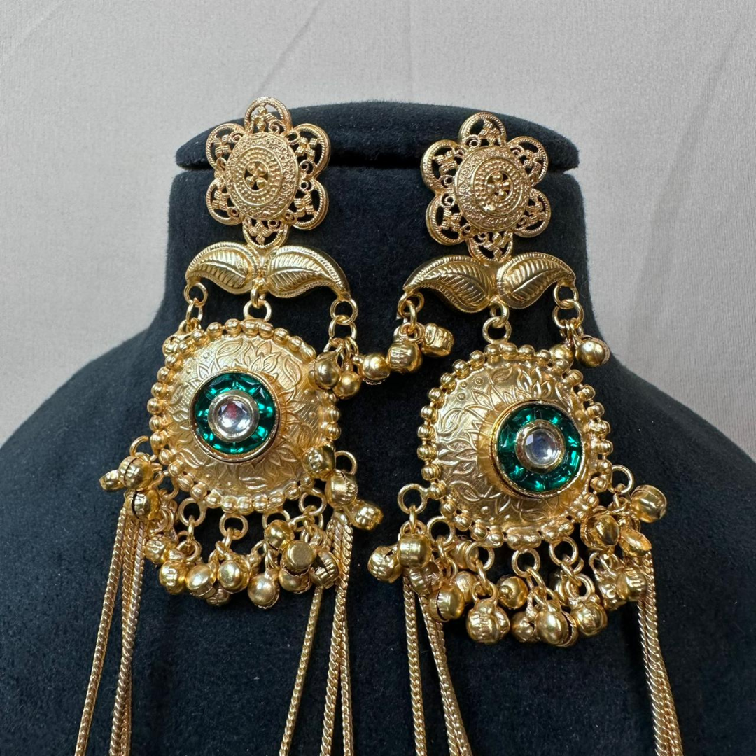 Banarashe Royal Bloom Earrings Green & White Gemstone Temple Danglers