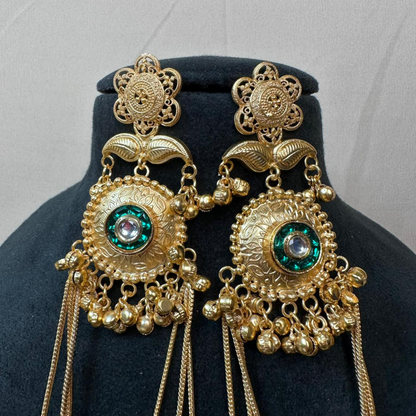 Banarashe Royal Bloom Earrings Green & White Gemstone Temple Danglers