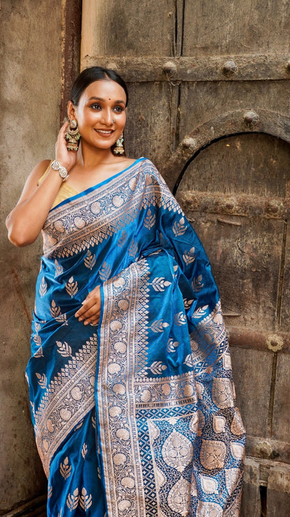 Midnight Peacock Blue Banarasi Silk Saree with Silver Zari Elegance