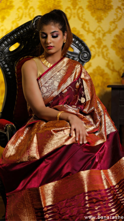 Mangal Maroon Katan Silk Banarasi Saree
