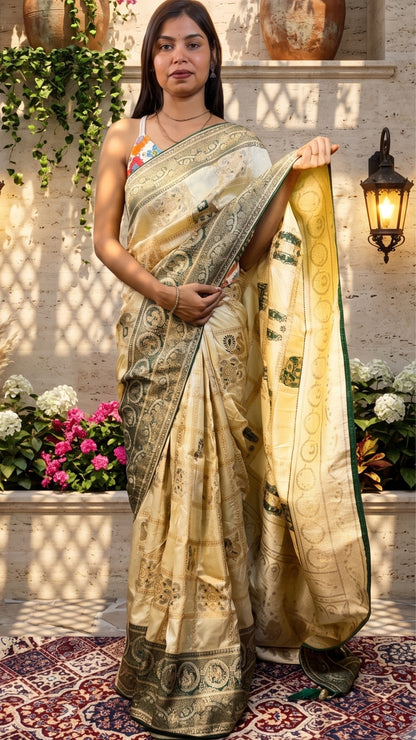 The Royal Ivory & Bottle Green Banarasi Soft Silk Saree
