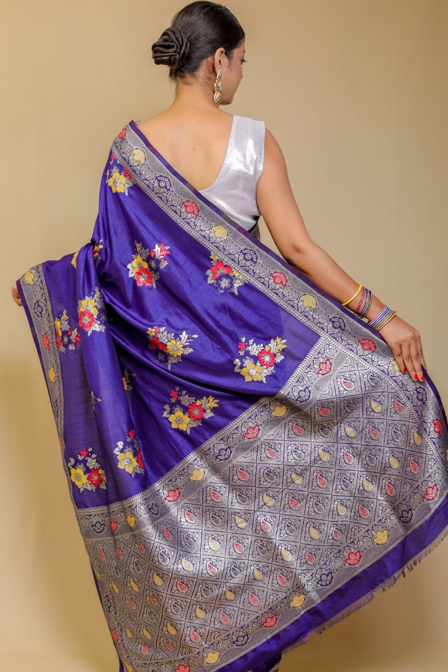 Regal Violet Banarasi Semi Mashru Silk Saree with Meenakari Floral Work