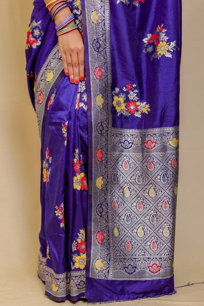 Regal Violet Banarasi Semi Mashru Silk Saree with Meenakari Floral Work