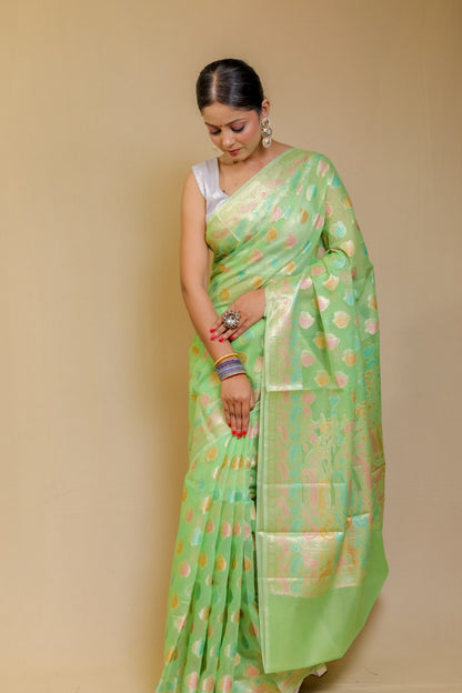 Ethereal Mint Green Banarasi Silk Brocade Saree with Rich Zari Weave