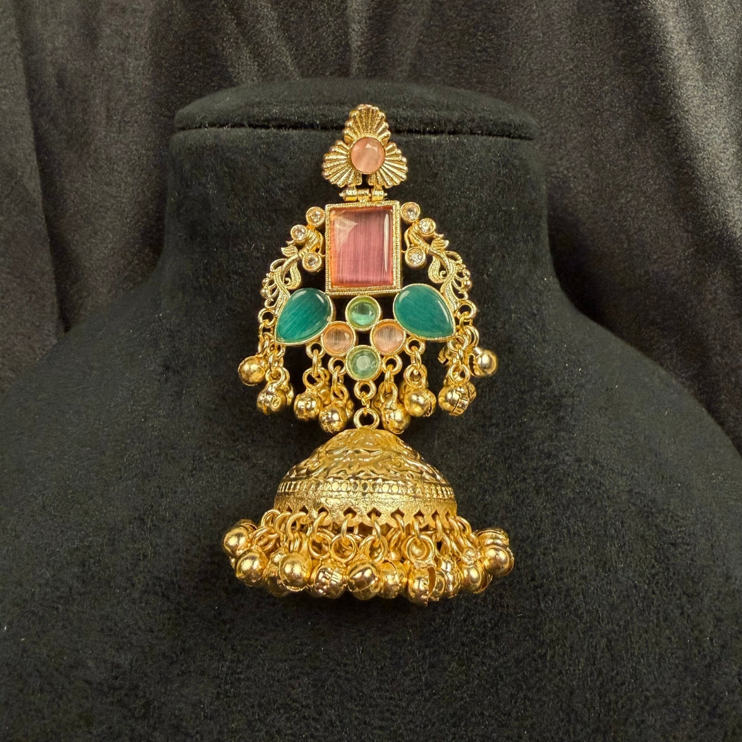 Jhumka with Pink and Green Stones, Traditional Indian Jewelry, Ornate Filigree Design