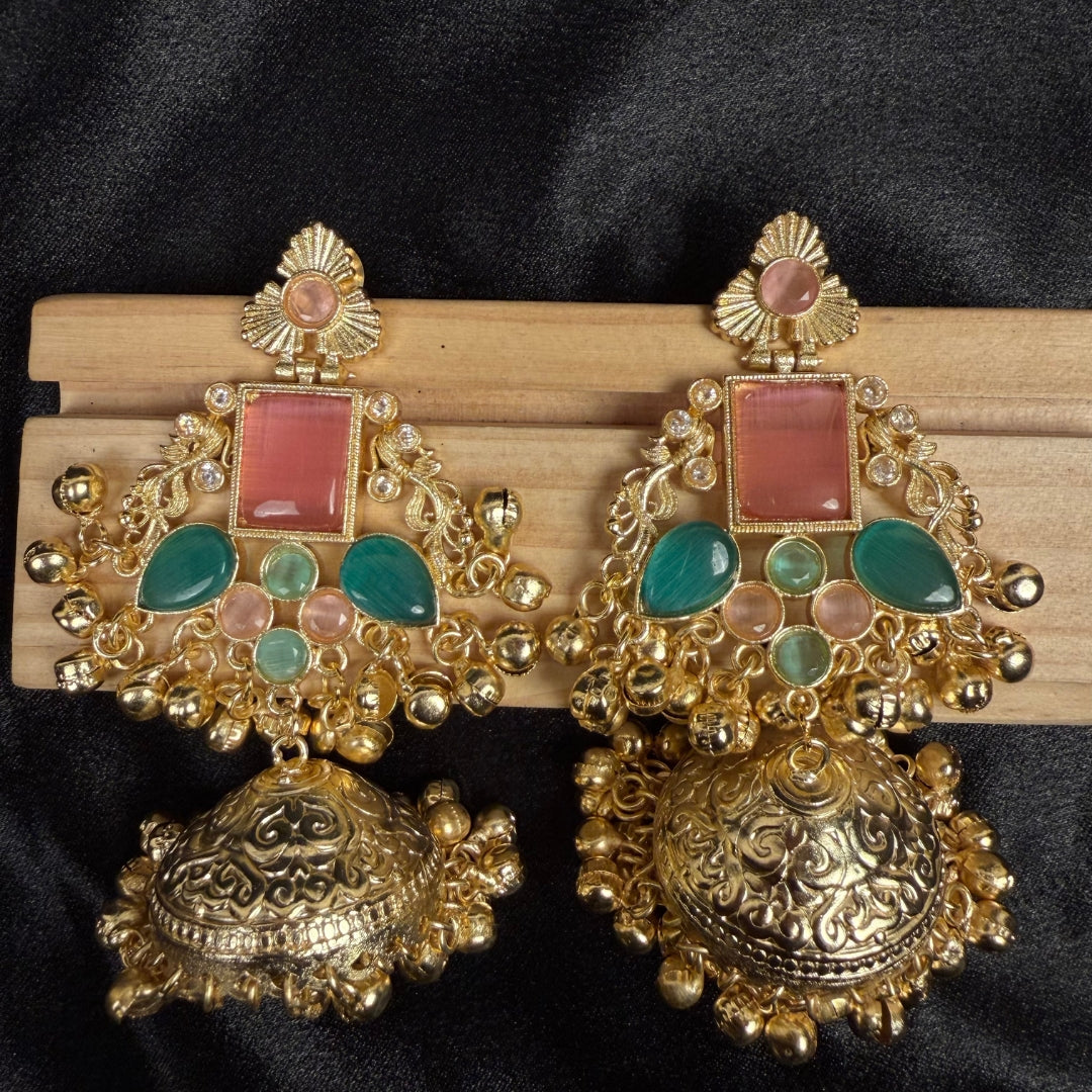 Jhumka with Pink and Green Stones, Traditional Indian Jewelry, Ornate Filigree Design