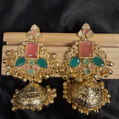 Jhumka with Pink and Green Stones, Traditional Indian Jewelry, Ornate Filigree Design