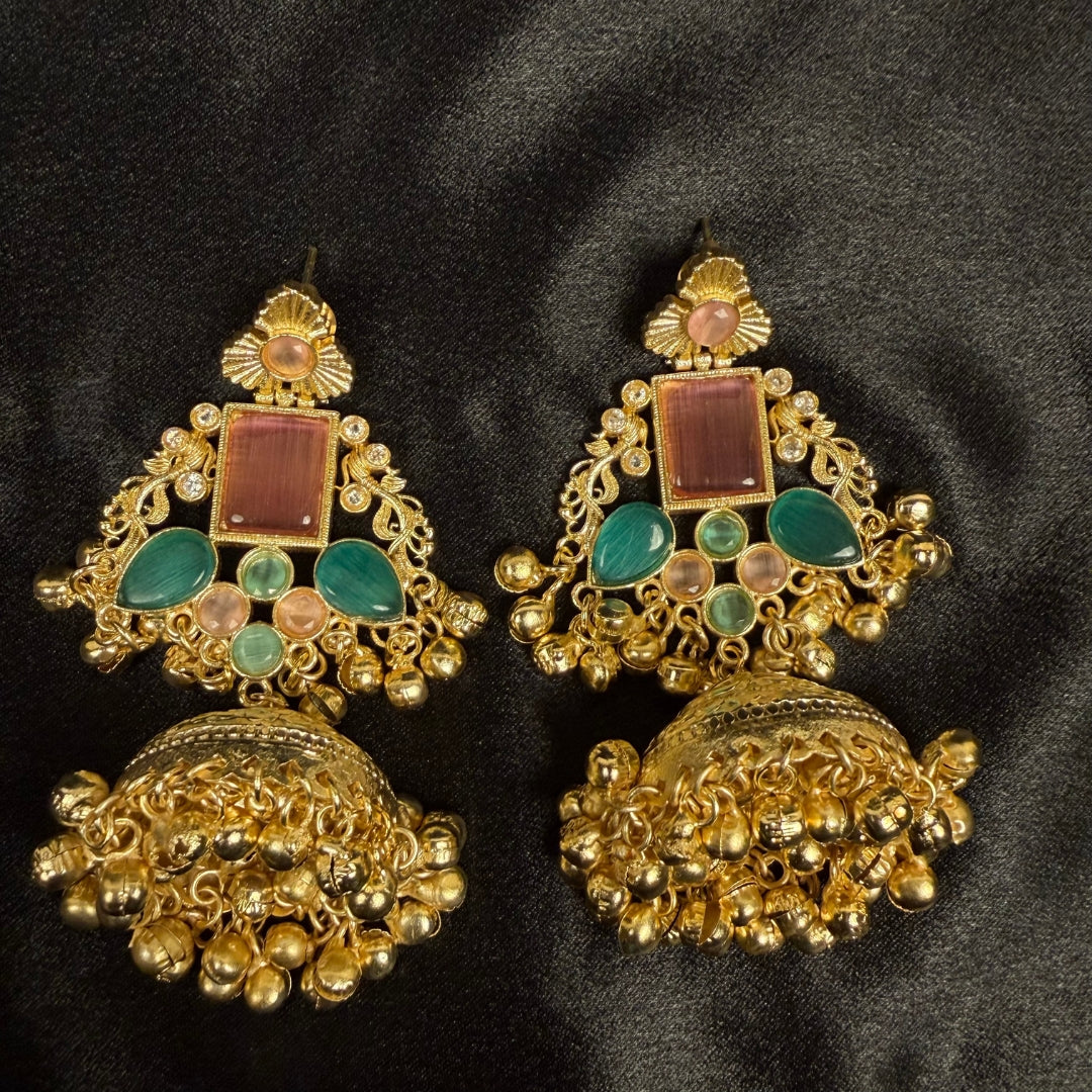 Jhumka with Pink and Green Stones, Traditional Indian Jewelry, Ornate Filigree Design